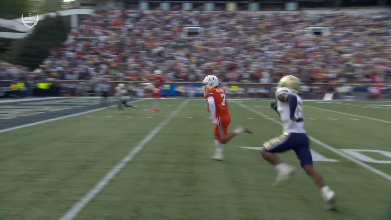 Cam Ward throws his third TD of the game to Xavier Restrepo
